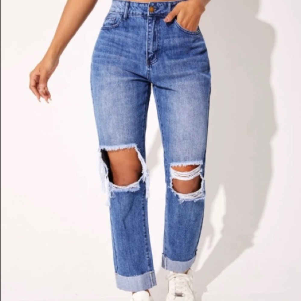 SHEIN Blue High Rise Distressed Ripped Jeans